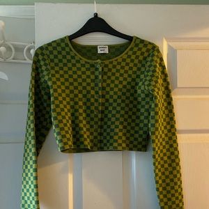 Sunday Best Aritzia Cropped Green Checkered Cardigan